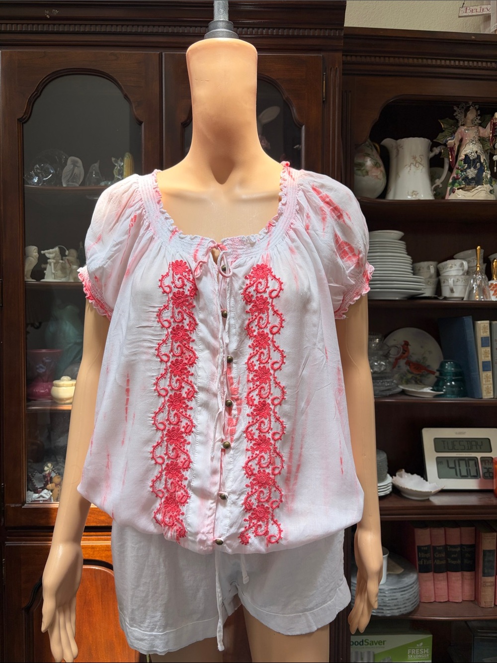 Boho Embroidered Peasant Top - Pink/White